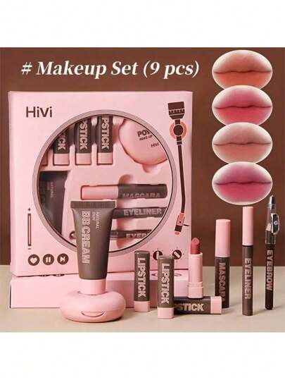 Ensemble maquillage de Noël pour femmes en 9 pièces, produits de maquillage complet pour le visage incluant rouge à lèvres, poudre, BB crème, crayon à sourcils, mascara et eyeliner, waterproof et longue tenue, coffret cadeau de Noël convenant aux femmes et aux filles