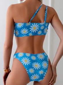 SHEIN Swim Conjunto de biquíni feminino estampado com margaridas, um ombro, oco, sexy, conjunto de biquíni de duas peças, verão, praia