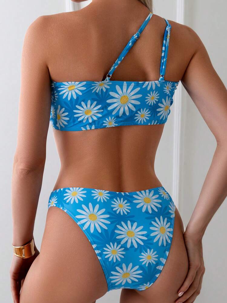 Ladies' Daisy Printed One Shoulder Hollow Out Sexy Bikini Set, Two-Piece Bikini Set Summer Beach