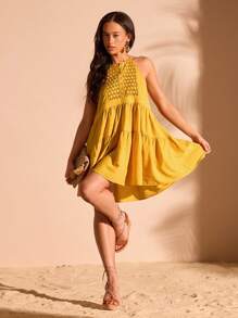 Forever 21 波西米亞風格黃色綁頸裙 - 黃色 - 查看 4