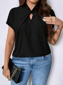 SHEIN Clasi Plus Size Solid Color Twisted Knot Hollow Out Blouse - Black - View 3