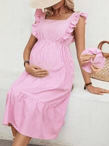 SHEIN Cap Sleeve Blue And White Stripes Nursing Dress For Maternity