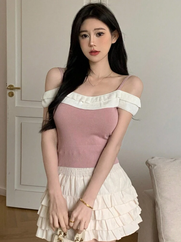 Women's Off Shoulder Wrapped Design Short Sleeve Knit Top With Ruffle Hem And Color Blocking