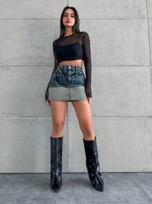 ZIRRA Chân váy denim ngắn màu xanh nhạt dành cho nữ, có viền tương phản. - Rửa tối - Xem 1