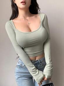 DAZY Áo thun nữ tay dài dáng ôm màu trơn cổ tròn, trang phục mùa thu thời trang thanh lịch - Màu xanh Bạc hà - Xem 5