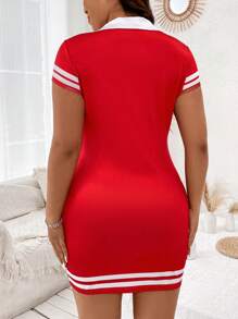 Flirla Kích thước lớn Của phụ nữ Váy bodycon Với In thư Và Khối màu Sọc - Đỏ - Xem 2