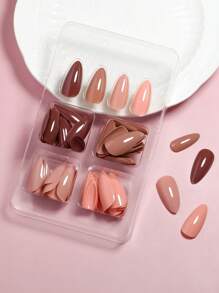 VV MEI JIA ER 96 件秋季按压指甲礼物长杏仁全覆盖假指甲法式尖头指甲 4 色按压细高跟指甲适合女士和女孩纯色假指甲套装（棕色指甲套装）+ 1 片胶带和 1 个指甲锉 - 棕色 - 查看 5