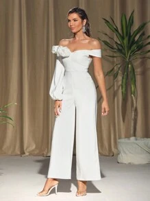 HEAVINZ LANE Mono de mujer con hombros descubiertos, piernas anchas y diseño de flor 3D con cintura ceñida, para vacaciones y festivales - Blanco - Ver 7