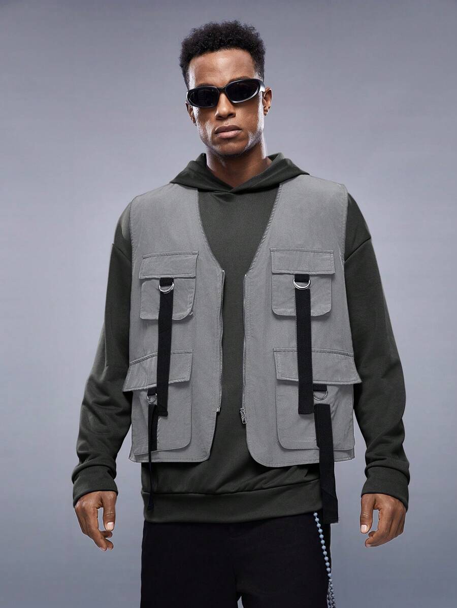 Manfinity VCAY 男士宽松拉链前翻盖口袋背心，适合秋冬 - 灰色 - 查看 1