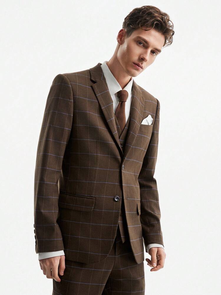 Easy Care Men's Woven Business Long Sleeve Plaid Blazer, For Fall Winter