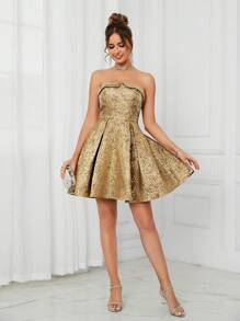 SHEIN Belle Vestido elegante, hermoso y romántico tipo bandeau con pliegues con trama jacquard dorada, de cintura alta y forma A con dobladillo de paraguas, para fiesta de graduación, boda o fiesta de cumpleaños