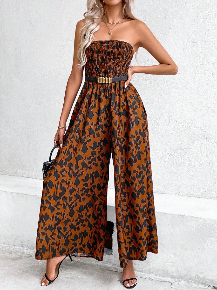 SHEIN VCAY Allover Print Shirred Tube Jumpsuit - Brown - View 1