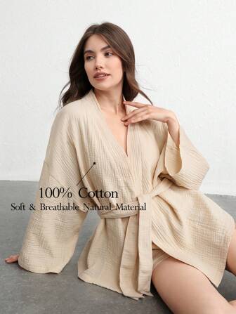 柔軟透氣輕盈水洗棉紗和服式休閒上衣 - 卡其色