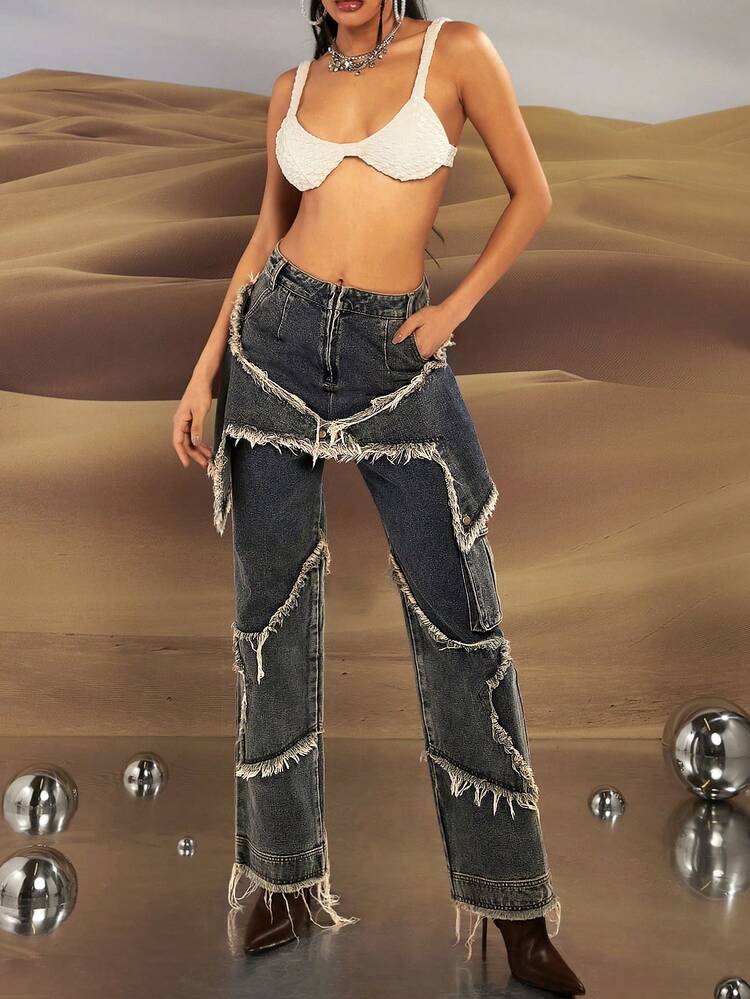 Star Frayed Wide Leg Cargo Jeans