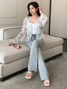 DAZY 花卉印花开襟落肩长袖女士衬衫，夏季复活节款 - 彩色 - 查看 2