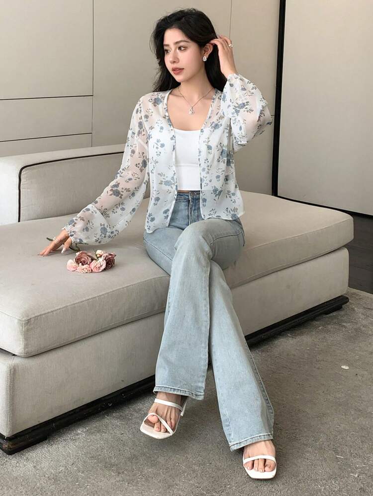 Floral Print Open Front Drop Shoulder Long Sleeve Ladies' Shirt Summer Easter