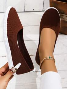 女款簡約編織款懶人運動鞋,棕色圓頭戶外休閒運動鞋 - 棕色 - 查看 1