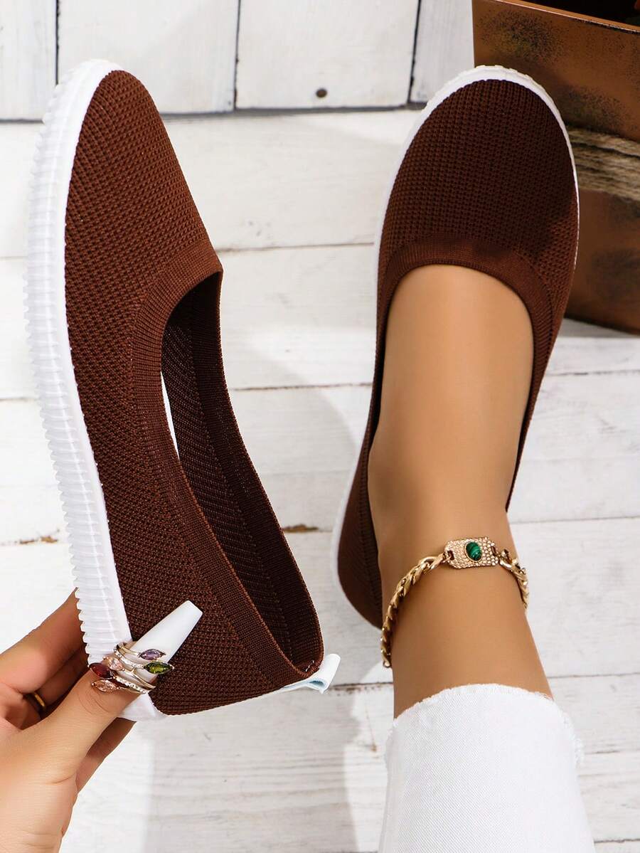 女款簡約編織款懶人運動鞋,棕色圓頭戶外休閒運動鞋 - 棕色 - 查看 1