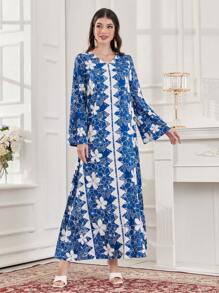 Al Najma Color Blocking Floral Print V-Neck Loose Fit Dress - Blue - View 5