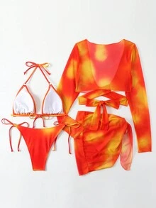 SHEIN Swim Bộ bikini cúp tam giác dây màu gradient dành cho nữ - Đỏ - Xem 4