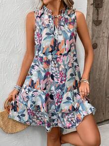 SHEIN LUNE Đầm không tay in hoa, viền bèo nhún, có dây buộc eo dành cho nữ, thích hợp cho kỳ nghỉ biển. - Nhiều màu - Xem 4