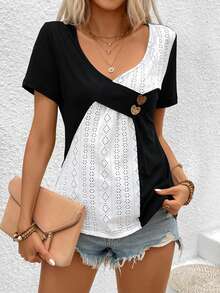 SHEIN LUNE Của phụ nữ Khối màu Xu hướng: Cắt giảm Thêu Áo thun - Đen và trắng - Xem 5