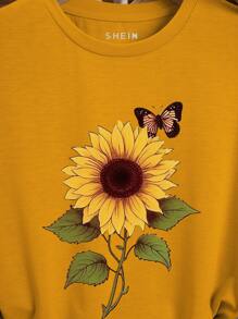 INAWLY Sunflower Printed Round Neck Short Sleeve T-Shirt Graphic Tees Women Tops - Mustard Yellow - View 5