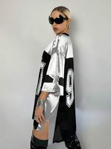 SHEIN ICON 女士v領寬鬆適合的連衣裙,銀色賽車風格字母印花 - 銀色 - 查看 5