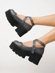 新春夏季經典高端灰色時尚珍鞋,配有心形扣和交叉帶 - 灰色 - 查看 1