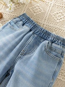 Young Girl Vintage Holiday Leisure Embroidered Patchwork Cuffs Light Blue Washed Loose Straight Leg Jeans - Light Wash - View 6