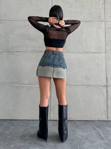 ZIRRA Chân váy denim ngắn màu xanh nhạt dành cho nữ, có viền tương phản. - Rửa tối - Xem 2