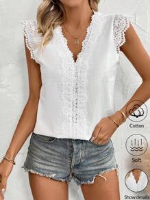 SHEIN LUNE Của phụ nữ Ren Cổ chữ V Áo sơ mi - trắng - Xem 6