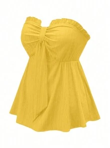 SHEIN Holidaya Kích thước lớn Lá sen tỉa Đệm Xù Áo không dây Đối với NỮ - Màu vàng - Xem 5