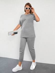 Cloudara Women's Plus Size Solid Color Vertical Striped Short Sleeve Top And Long Pants Two Piece Set - Light Grey - View 5