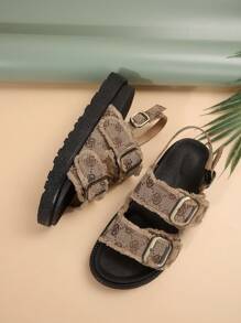 Sommer-keilsandalen Für Damen Mit Boho Druck, Dickem Absatz Und Fransen- Und Schnallendesign - Braun - Übersicht 7