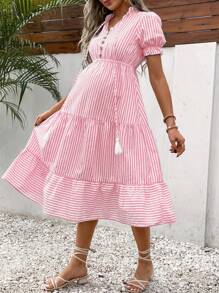 SHEIN Maternity Striped Button Detail Knot Neck Ruffle Hem Dress - Pink - View 3