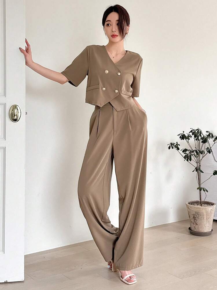 2pcs/Set Women's Casual Business Style Solid Color Blazer & High Waist Pants Suit Summer