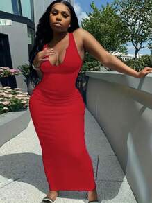 大码女式时尚纯色修身罗纹休闲深V领街头性感长款无袖紧身连衣裙 - 紅色 - 查看 5