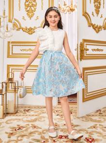 SHEIN Tween Girls' Loose And Lovely Light Palace Style Frilled Round Neckline Shirt & Floral Skirt Two-Piece Set - Blue - View 6