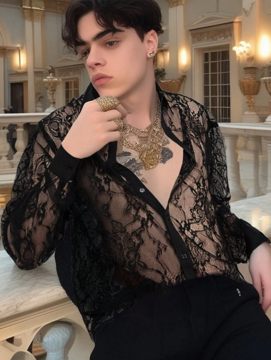 Manfinity AFTRDRK Men's Long Sleeve Lace Shirt , Baggy Button Up See Through Plain Sexy Boyfriend Gift - Black - View 1