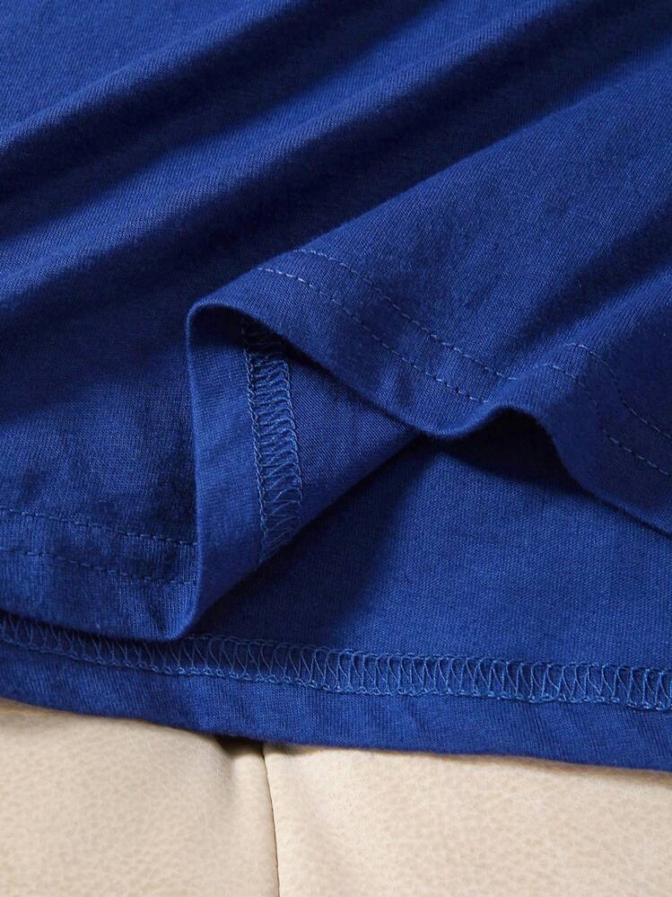 SHEIN EZwear In điêu khắc Vòng cổ Ngắn tay Áo thun - Xanh đậm - Xem 5