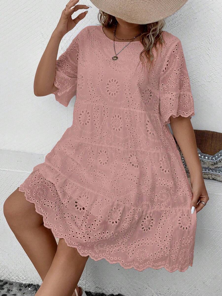 EMERY ROSE Váy xòe thêu viền ren cổ tròn tay ngắn cỡ lớn cho nữ, mùa hè - Bụi hồng - Xem 1