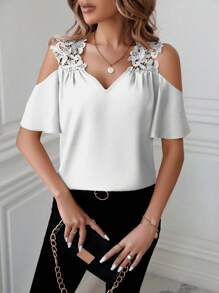 SHEIN Clasi 純色蕾絲拼接露肩上衣 - 白色 - 查看 5