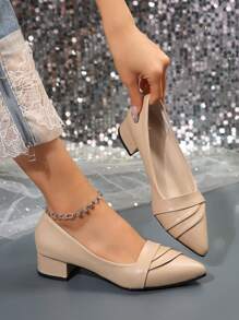 Women High Heel Shoes, Pointed Toe Ruched Mid Heel Slip-On Dress Pumps, Comfortable Versatile Black High Heels - Apricot - View 1