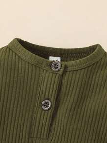 Baby Boy Solid Half Button Jumpsuit - Army Green - View 4