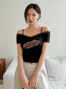 DAZY 女款露肩字母印花短袖t恤 - 黑色 - 查看 6