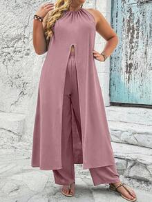 SHEIN Clasi 大尺碼純色寬鬆休閒2件式套裝 - 粉色 - 查看 4