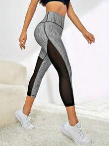 Pantalones Cortos De Yoga De Malla Contrastante, Leggings Deportivos Cortos De Cintura Alta Y Ajuste Delgado Para Mujeres, Ropa Deportiva Femenina - Negro - Ver 4