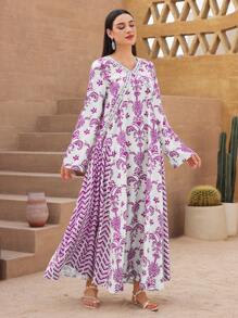 Al Najma Robe arabe à manches longues avec imprimé floral pour femmes