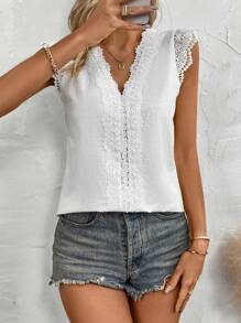 SHEIN LUNE Của phụ nữ Ren Cổ chữ V Áo sơ mi - trắng - Xem 4